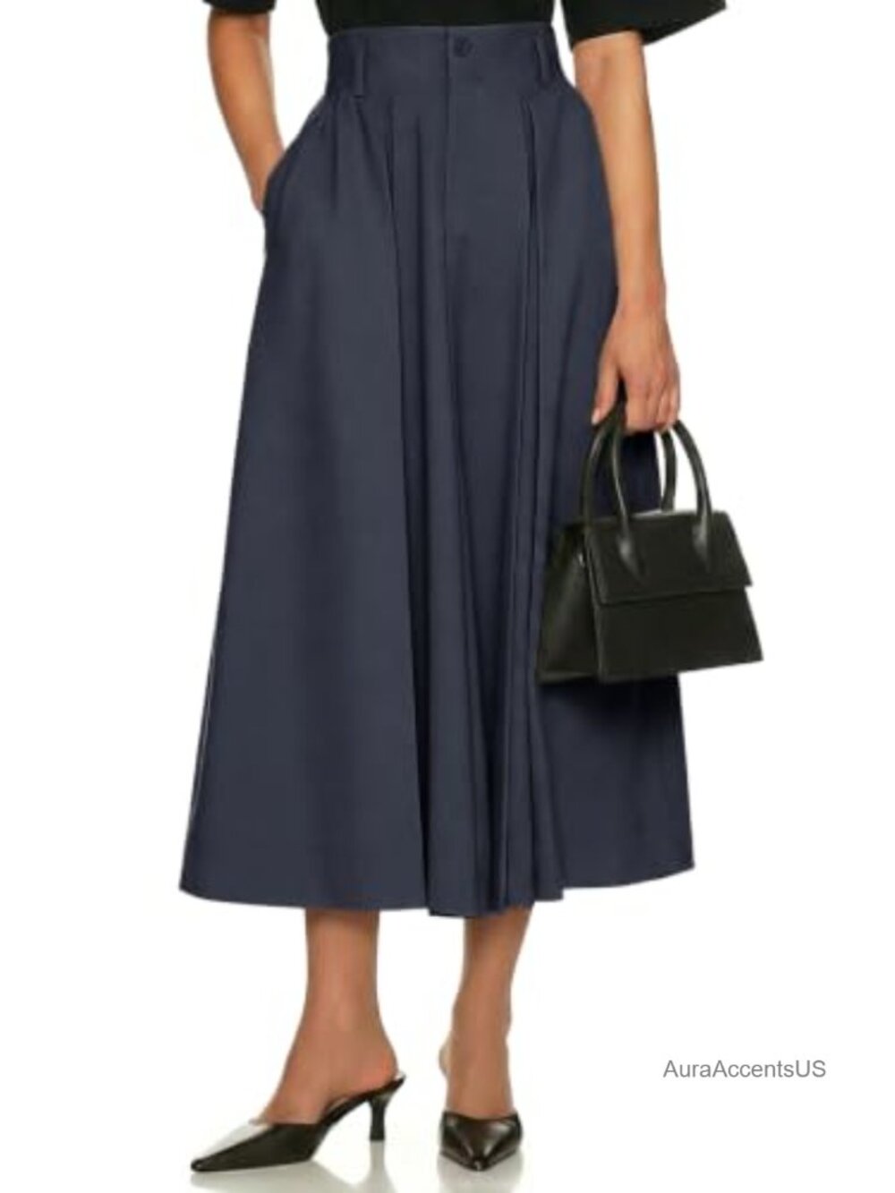 Women's Pleated High Waist Midi A-Line Skirt with Pockets - Dressy Casual